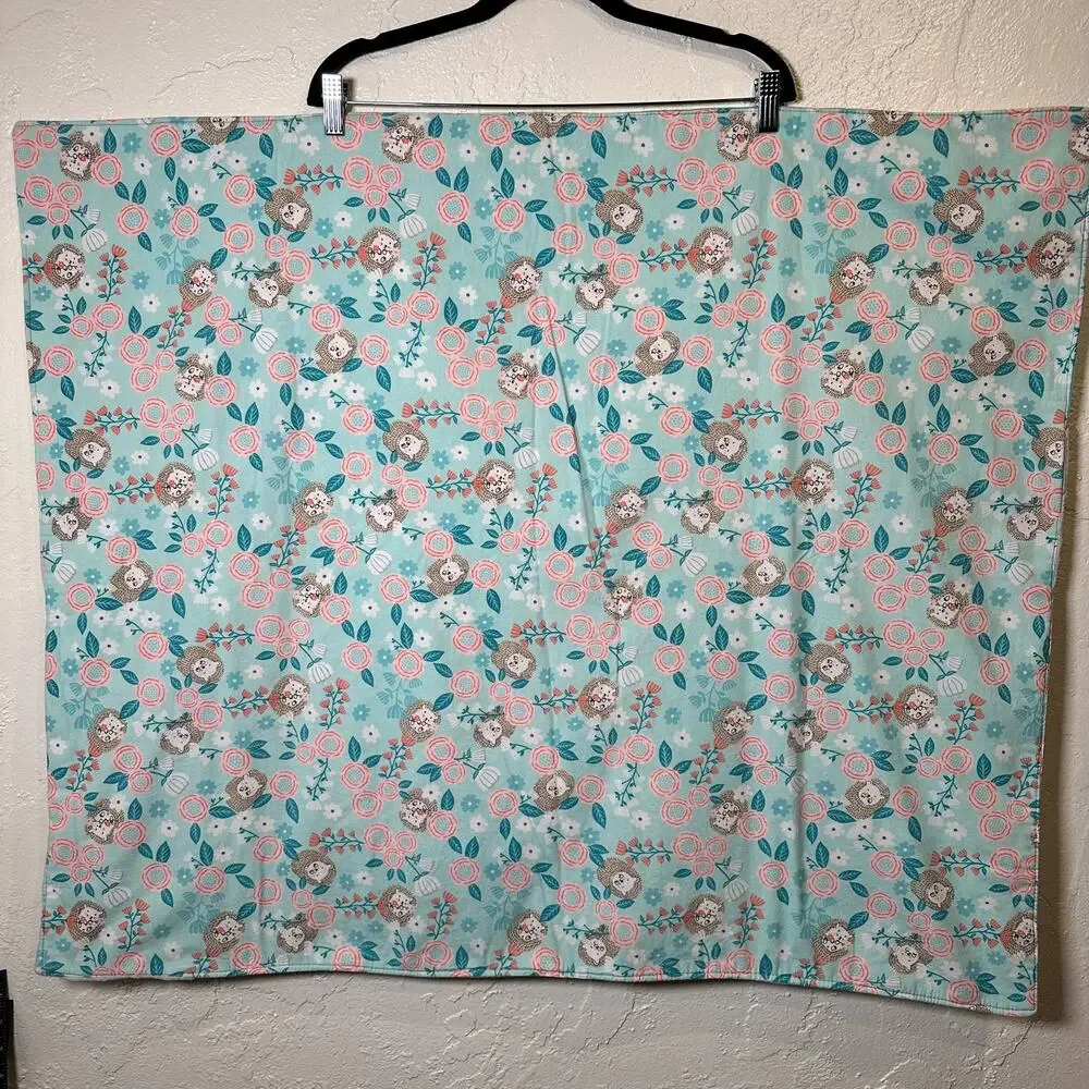 Handmade Baby Quilt 30 x 36 Hedgehog Floral Turquoise Pink Gray Original Gift